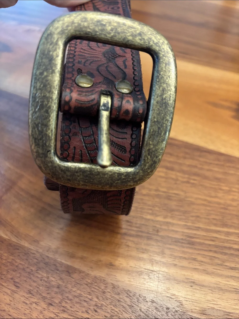 Western Brown Leather Tooled Belt with Brass Tone Buckle 34” Unisex